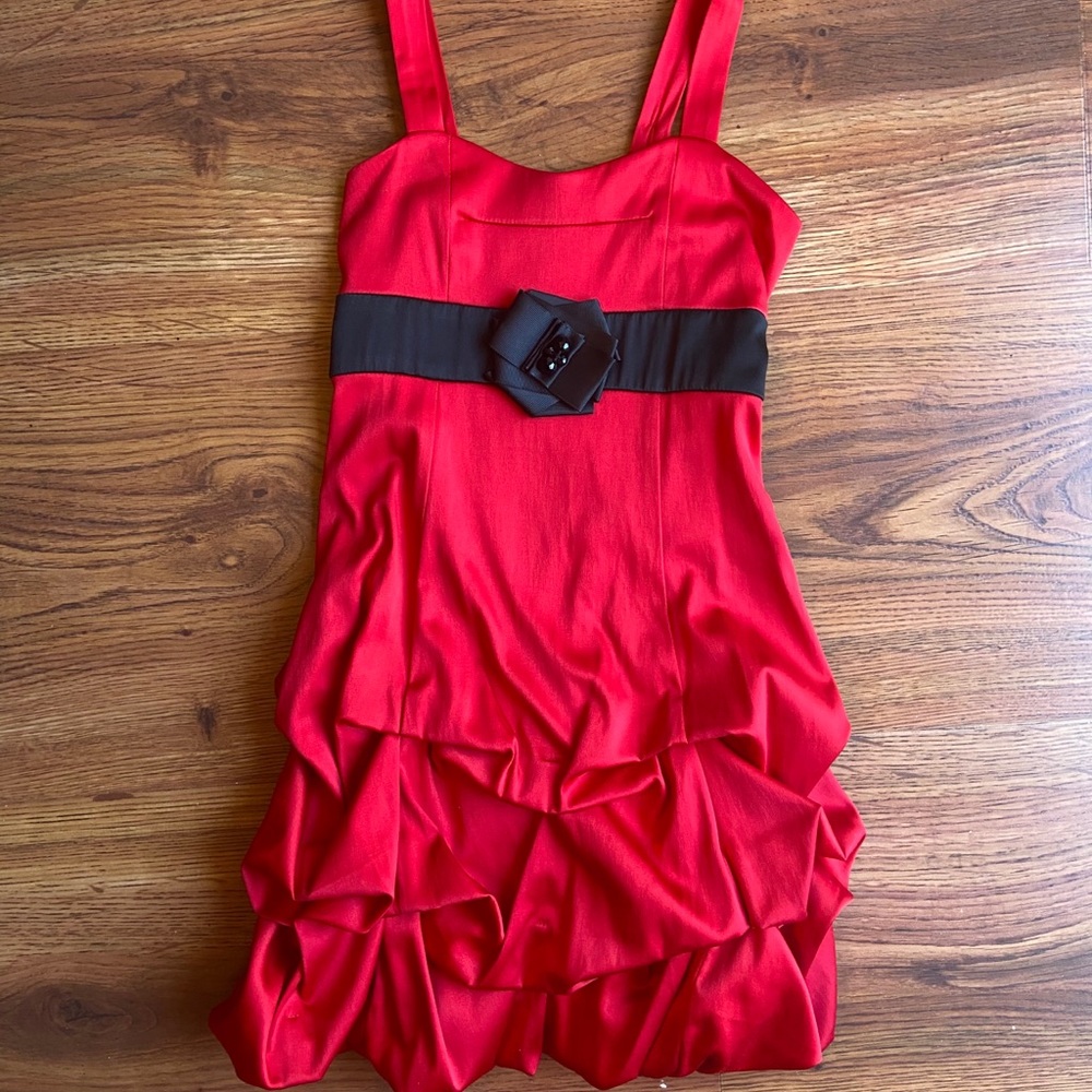 Ruby Rox red floral dress with bunched ruffles